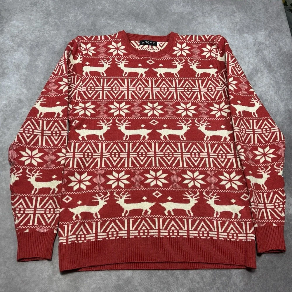 WSGYJ Sweater Unisex Christmas Sweater Reindeer Snowflake Red & White EUC